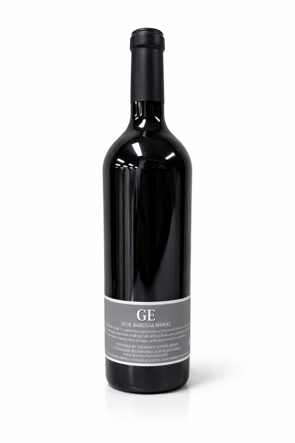 Black wine bottle with a visible label on a white background